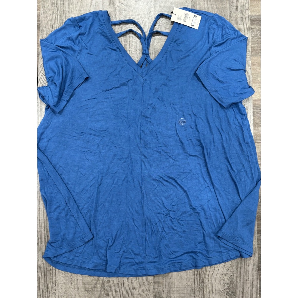 Lane Bryant Womens Blue V-Neck Strappy Back Short Sleeve Top Size 14/16 NWT